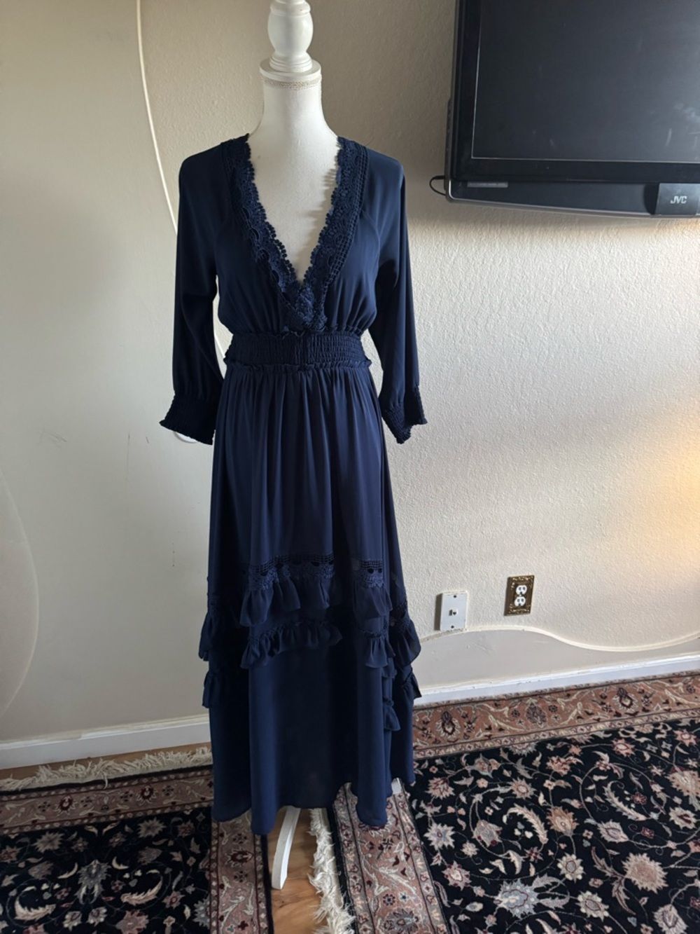 Baltic Born Navy Blue Maxi Dress with Lace Trim